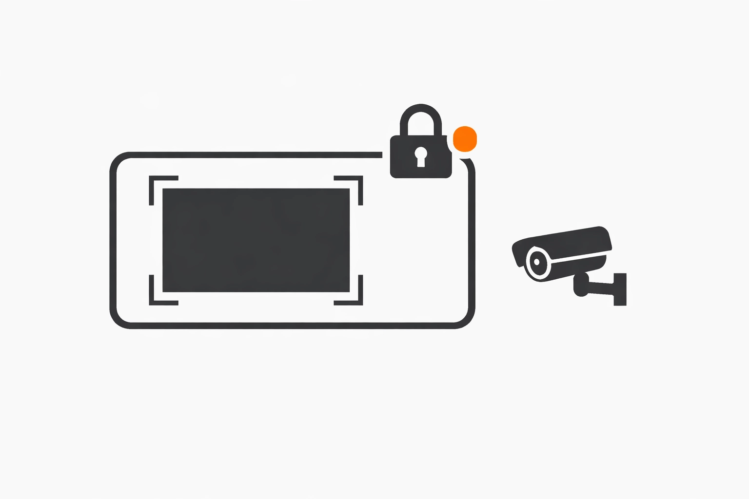Clean Vector Illustration: Smartphone-App mit Live-Kamera-Feed & Alarmstatus (Elektro-Zentrum CI: Schwarz/Dunkelgrau/Weiß + Akzent-Orange)