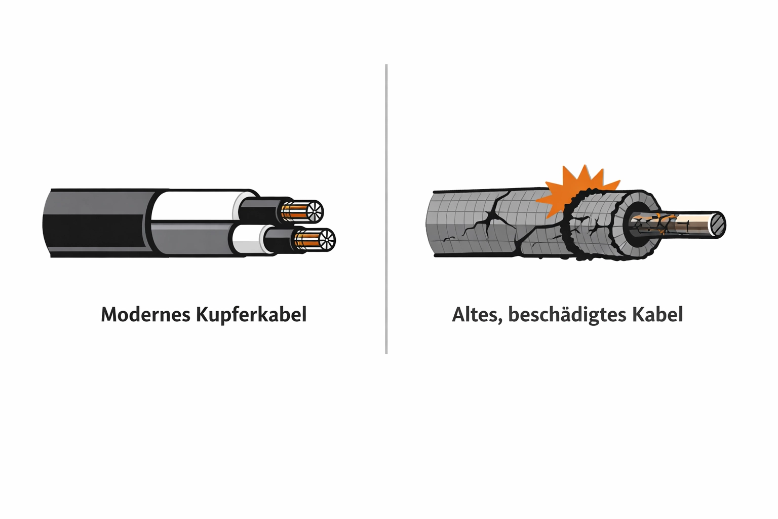 Vergleich zwischen veralteter Stoffleitung und moderner Elektro-Verkabelung im Altbau.
