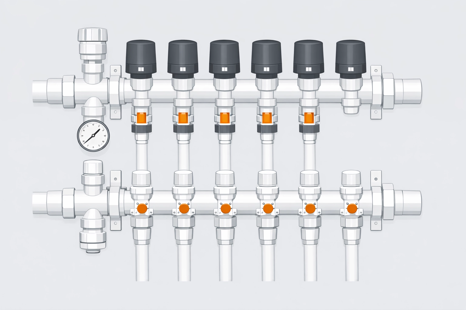 Schematische Darstellung eines Heizkreisverteilers mit smarten Stellmotoren zur Heizungssteuerung.
