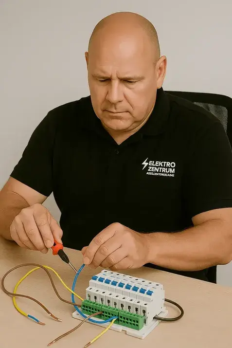 Elektriker verdrahtet elektrisches Modul