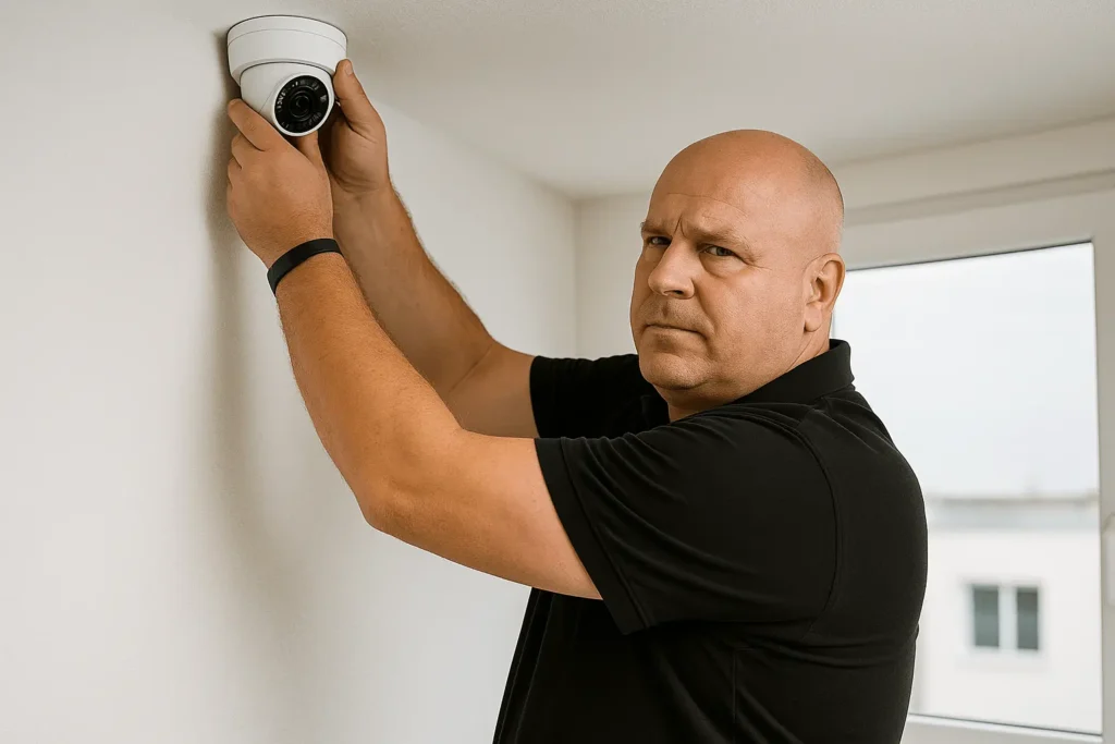 Ein Elektriker installiert eine weiße Überwachungskamera an der Decke. Er hält die Kamera mit beiden Händen und blickt ernst in die Kamera.