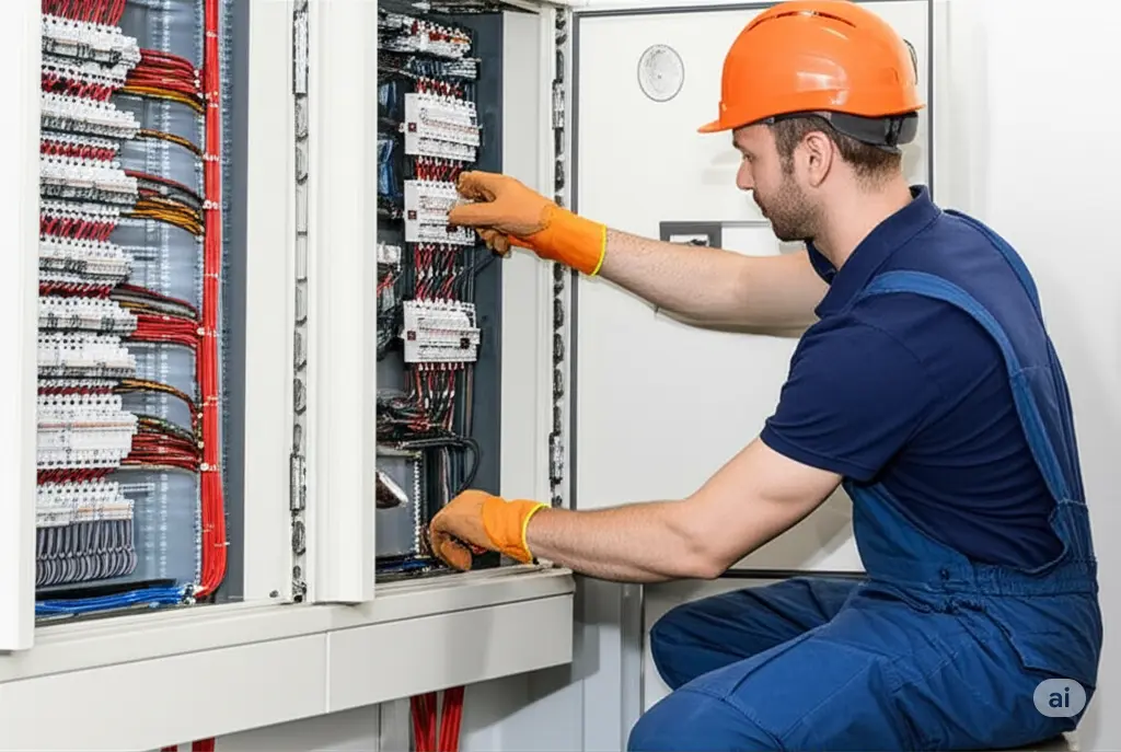 Elektriker arbeitet am Bedienfeld