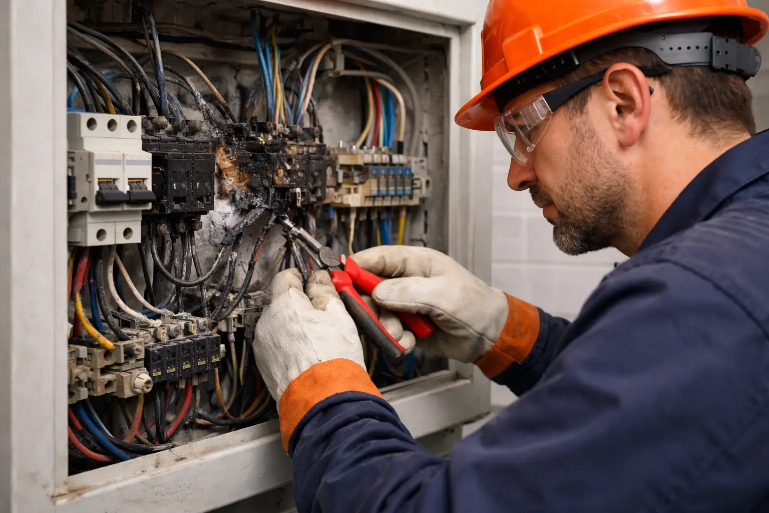 Industrieelektriker repariert einen beschädigten Schaltschrank nach einem Kurzschluss in einem Innenbereich, Stromversorgung ist abgeschaltet.